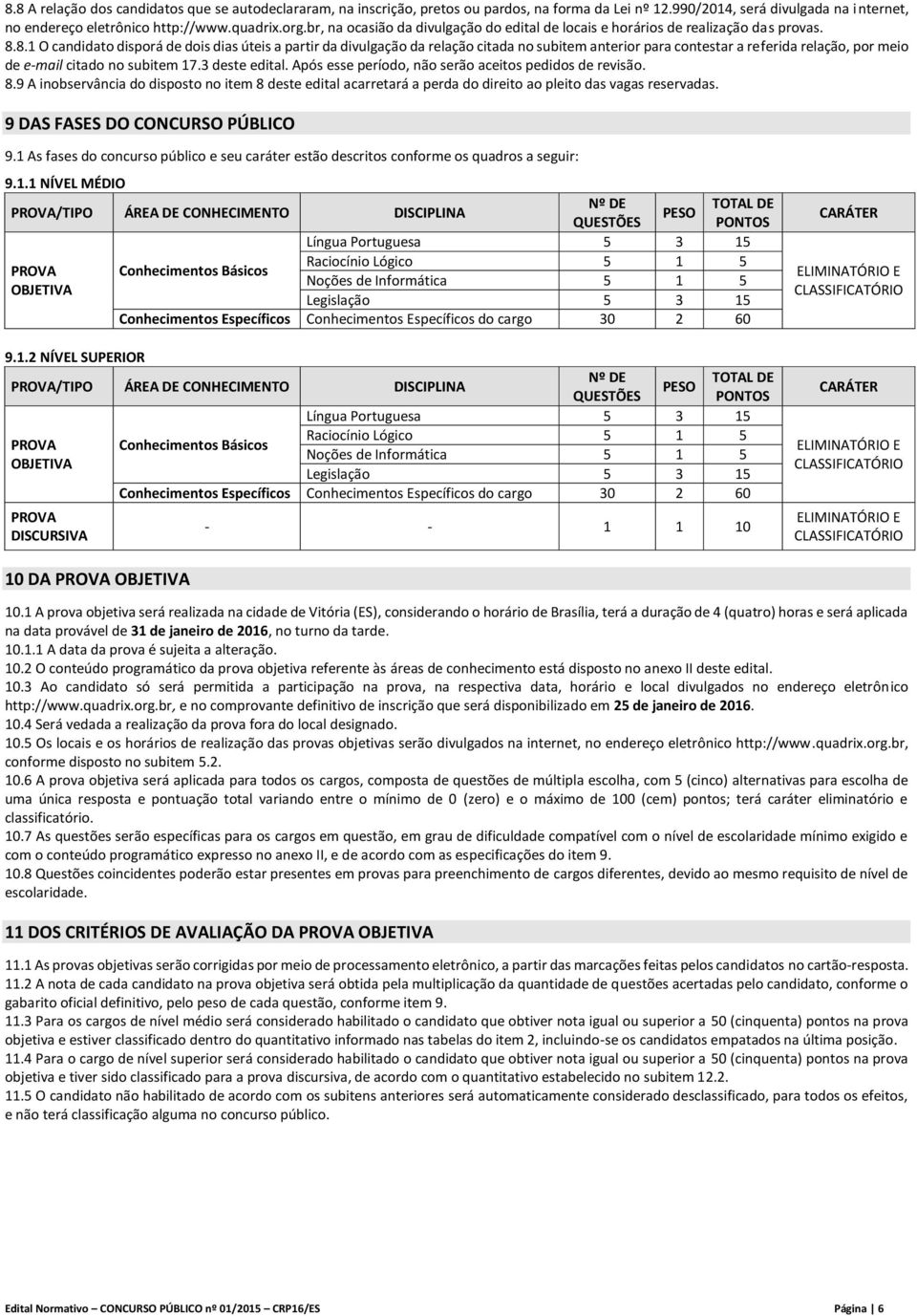 8.1 O candidato disporá de dois dias úteis a partir da divulgação da relação citada no subitem anterior para contestar a referida relação, por meio de e-mail citado no subitem 17.3 deste edital.