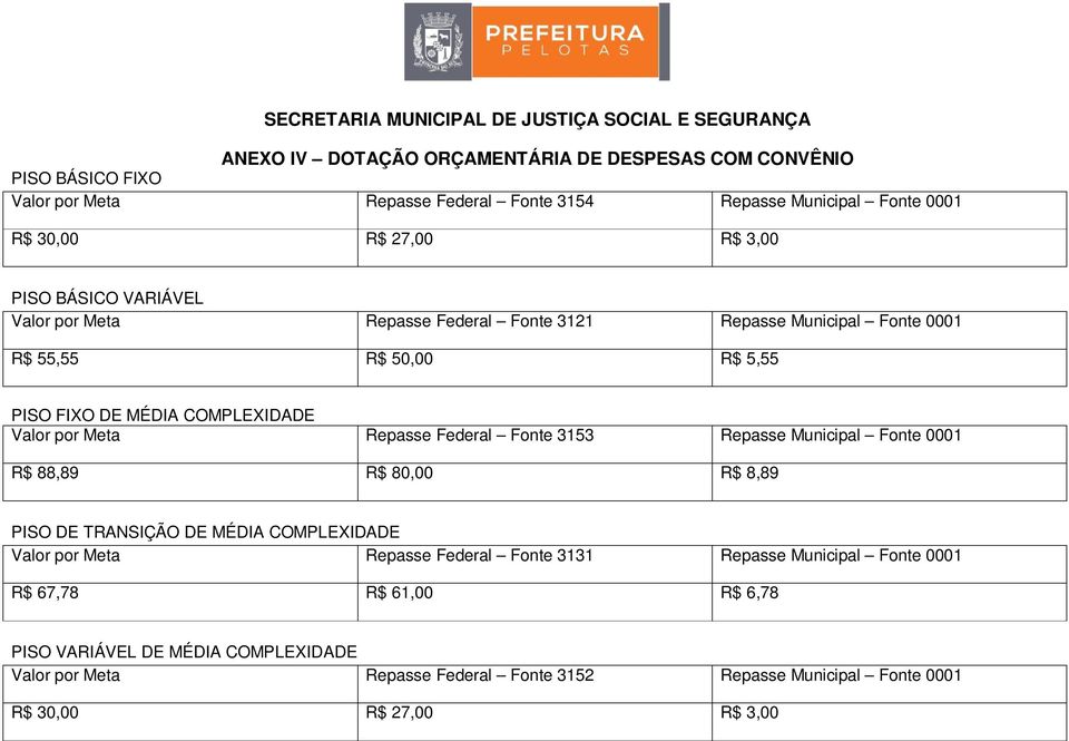 Repasse Federal Fonte 3153 Repasse Municipal Fonte 0001 R$ 88,89 R$ 80,00 R$ 8,89 PISO DE TRANSIÇÃO DE MÉDIA COMPLEXIDADE Valor por Meta Repasse Federal Fonte 3131 Repasse