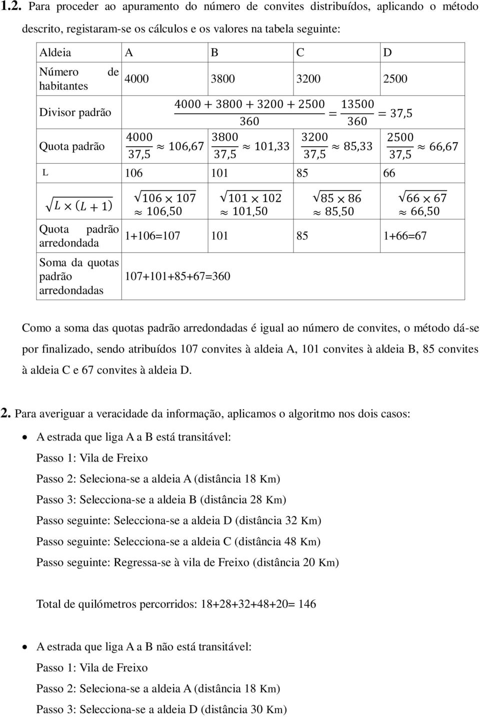 arredondadas é igual ao número de convites, o método dá-se por finalizado, sendo atribuídos 107 convites à aldeia A, 101 convites à aldeia B, 85 convites à aldeia C e 67 convites à aldeia D. 2.