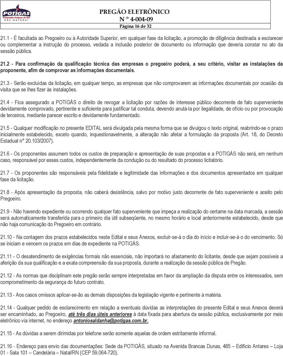 posterior de documento ou informação que deveria constar no ato da sessão pública. 21.