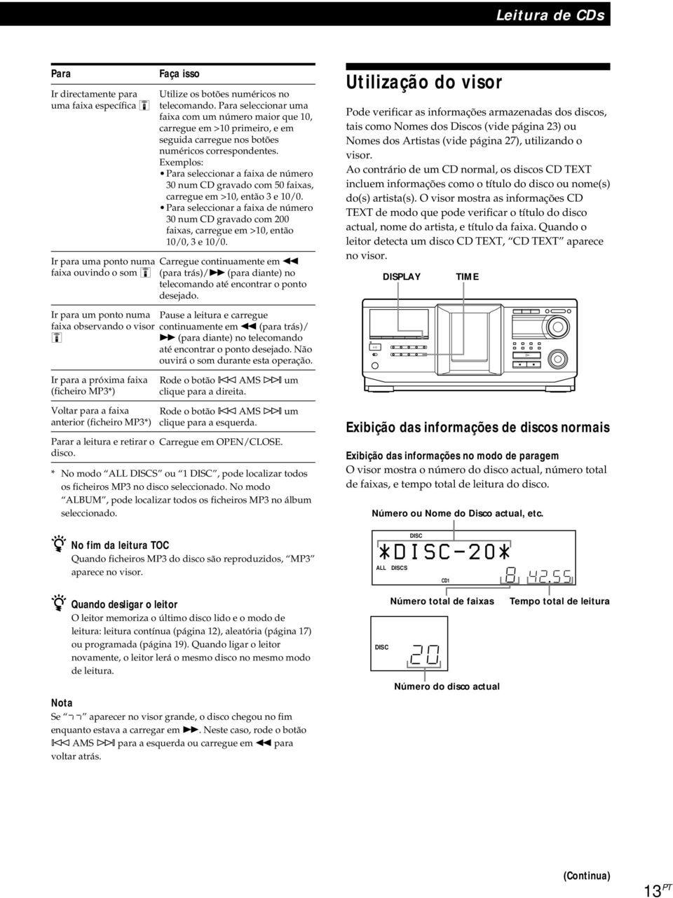 Exemplos: Para seleccionar a faixa de número 30 num CD gravado com 50 faixas, carregue em >10, então 3 e 10/0.