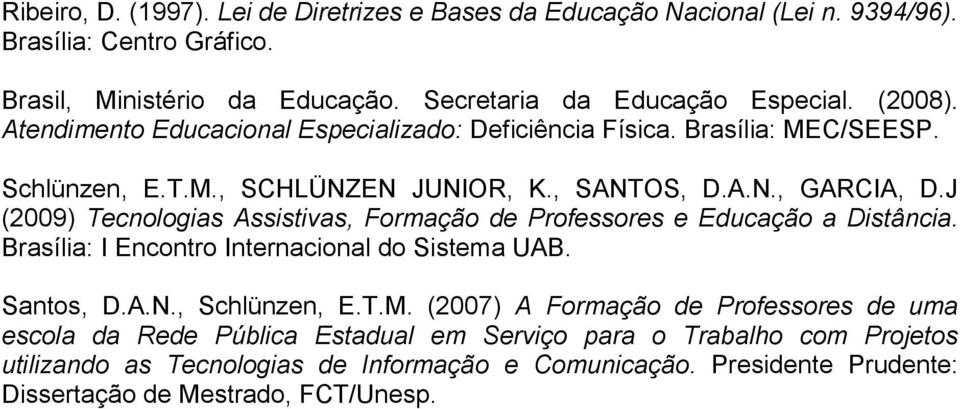 J (2009) Tecnologias Assistivas, Formação de Professores e Educação a Distância. Brasília: I Encontro Internacional do Sistema UAB. Santos, D.A.N., Schlünzen, E.T.M.