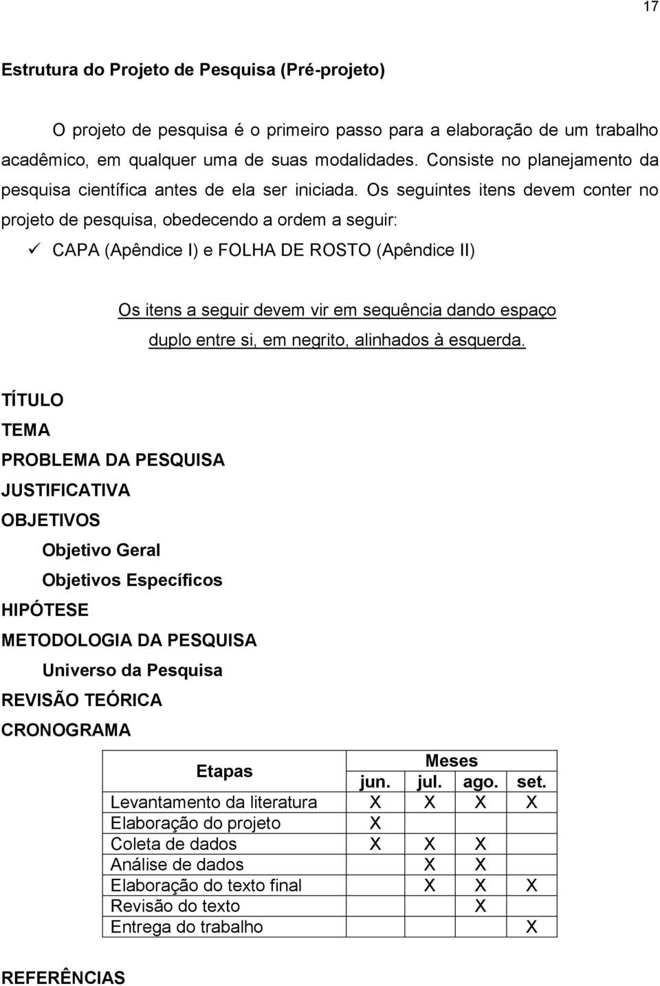 Os seguintes itens devem conter no projeto de pesquisa, obedecendo a ordem a seguir: CAPA (Apêndice I) e FOLHA DE ROSTO (Apêndice II) Os itens a seguir devem vir em sequência dando espaço duplo entre