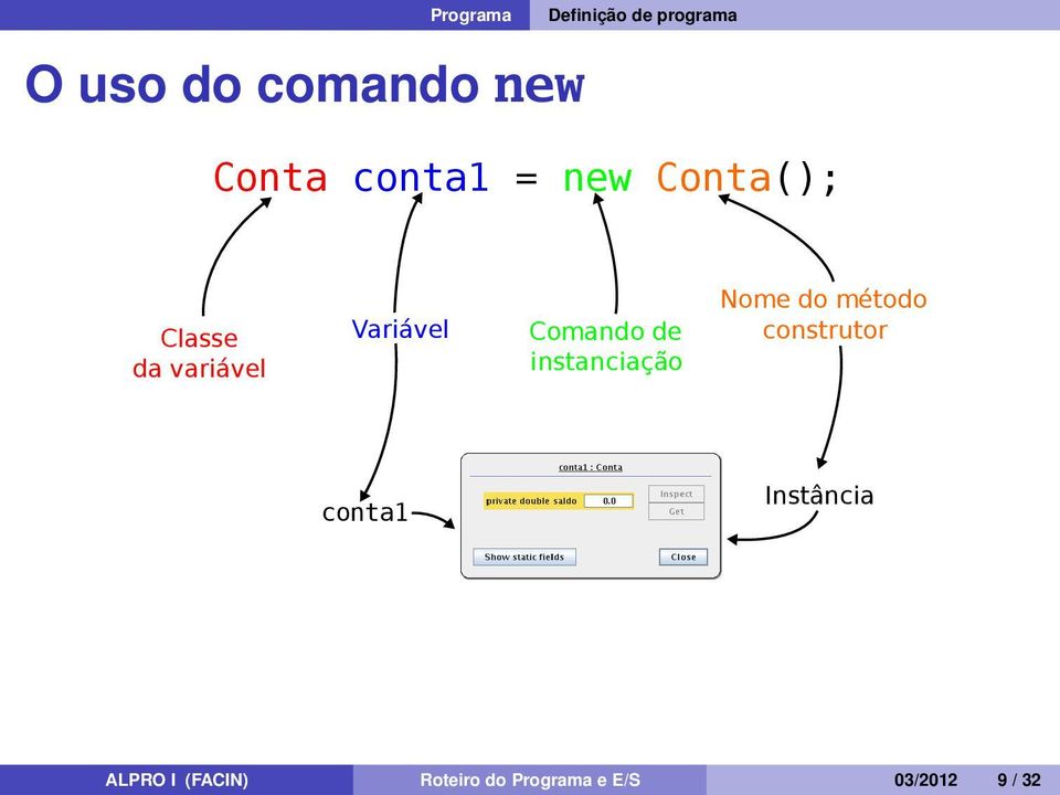 de instanciação Nome do método construtor conta1