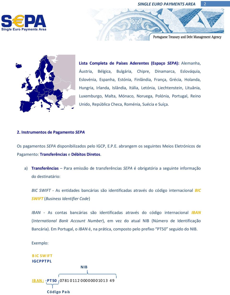 Instrumentos de Pagamento SEPA Os pagamentos SEPA disponibilizados pelo IGCP, E.P.E. abrangem os seguintes Meios Eletrónicos de Pagamento: Transferências e Débitos Diretos.