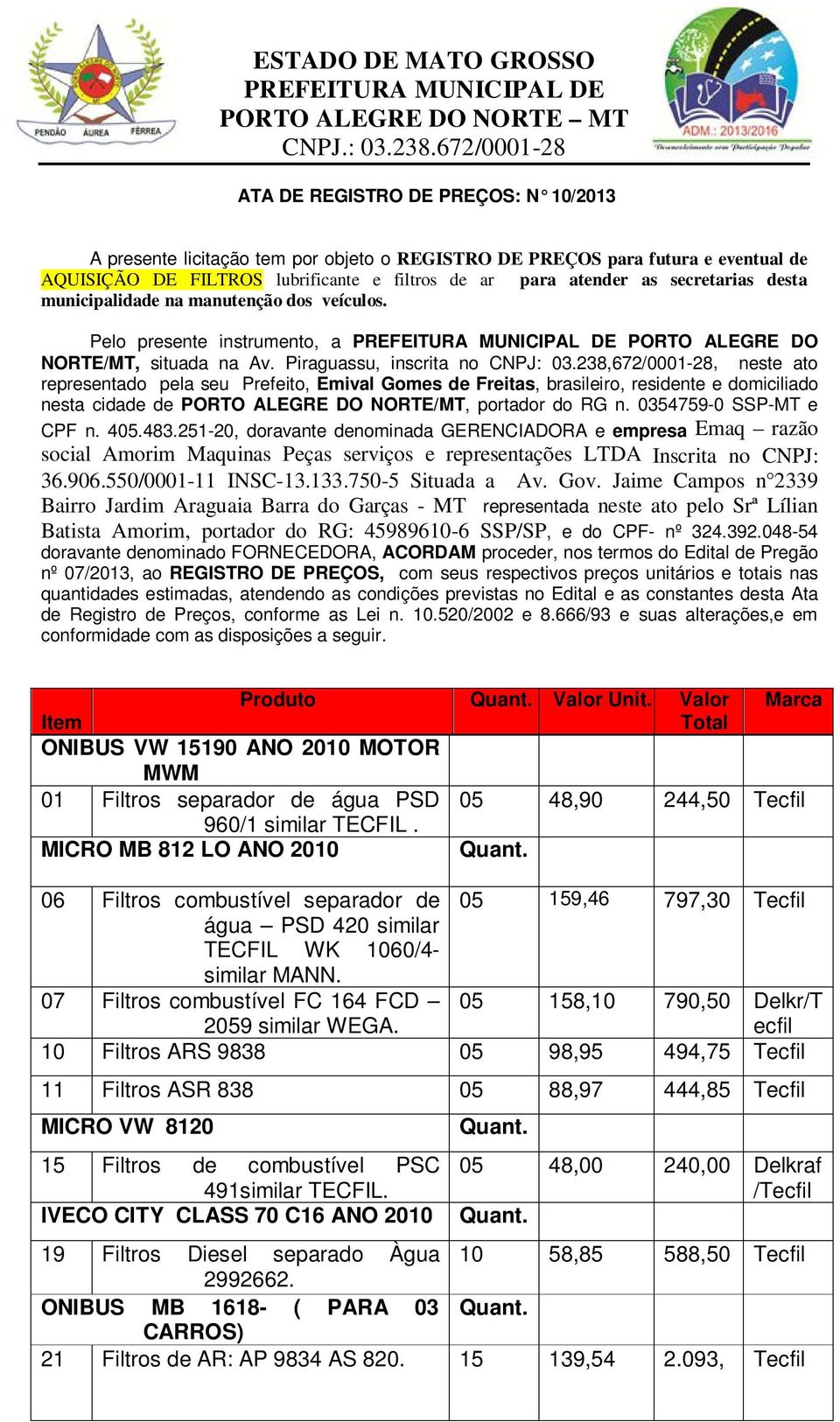 238,672/0001-28, neste ato representado pela seu Prefeito, Emival Gomes de Freitas, brasileiro, residente e domiciliado nesta cidade de PORTO ALEGRE DO NORTE/MT, portador do RG n.