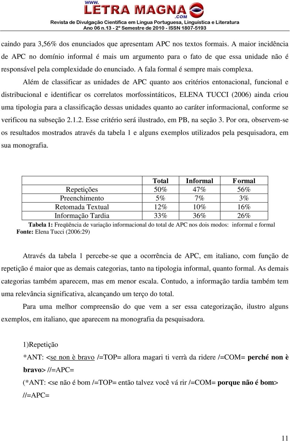 Além de classificar as unidades de APC quanto aos critérios entonacional, funcional e distribucional e identificar os correlatos morfossintáticos, ELENA TUCCI (2006) ainda criou uma tipologia para a