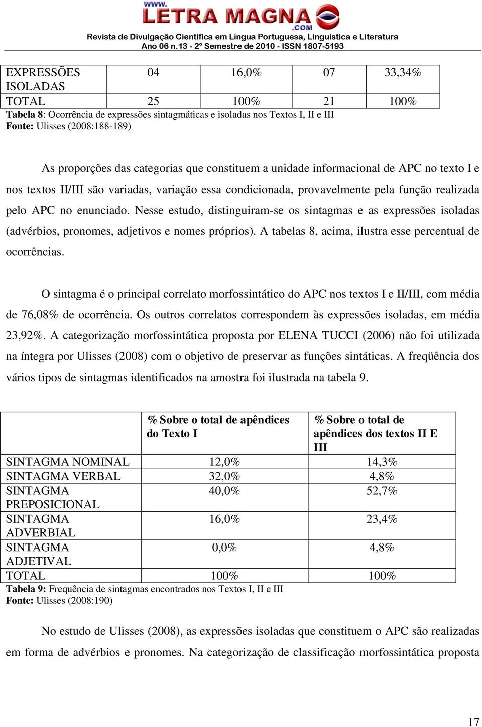 Nesse estudo, distinguiram-se os sintagmas e as expressões isoladas (advérbios, pronomes, adjetivos e nomes próprios). A tabelas 8, acima, ilustra esse percentual de ocorrências.