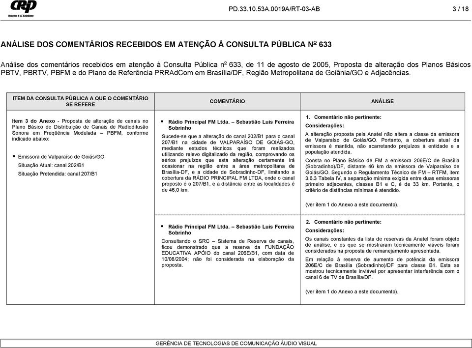 Proposta de alteração dos Planos Básicos PBTV, PBRTV, PBFM e do Plano de Referência PRRAdCom em Brasília/DF, Região Metropolitana de Goiânia/GO e Adjacências.