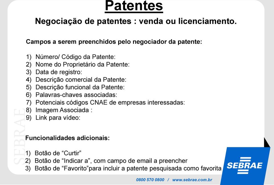 4) Descrição comercial da Patente: 5) Descrição funcional da Patente: 6) Palavras-chaves associadas: 7) Potenciais códigos CNAE de empresas