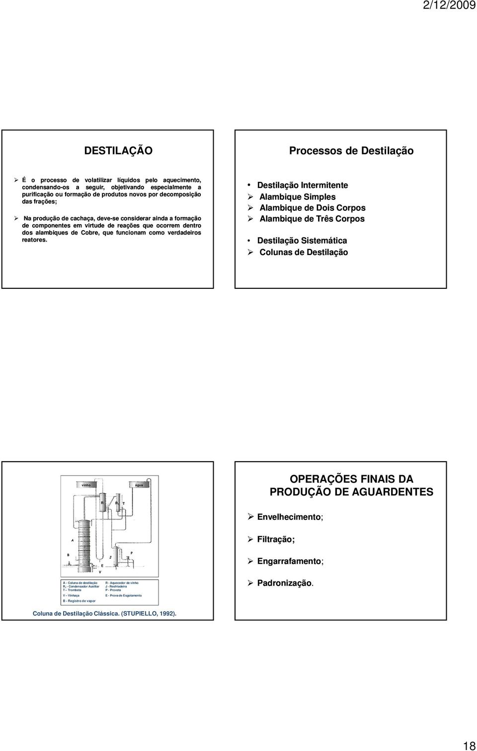 Destilação Intermitente Alambique Simples Alambique Dois Corpos Alambique Três Corpos Destilação Sistemática Colunas Destilação vinho água OPERAÇÕES FINAIS DA PRODUÇÃO DE AGUARDENTES R R 1 T