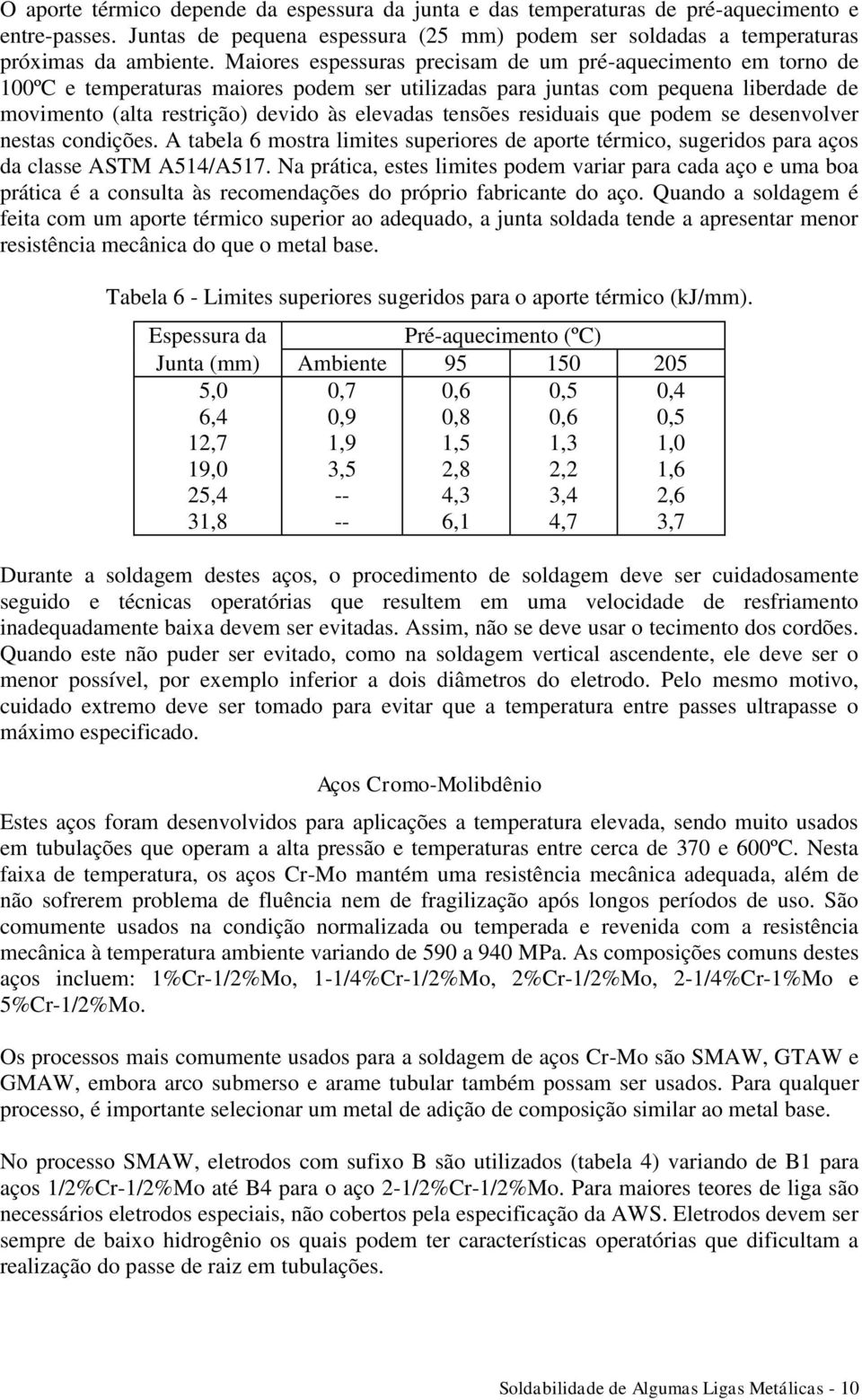 tensões residuais que podem se desenvolver nestas condições. A tabela 6 mostra limites superiores de aporte térmico, sugeridos para aços da classe ASTM A514/A517.