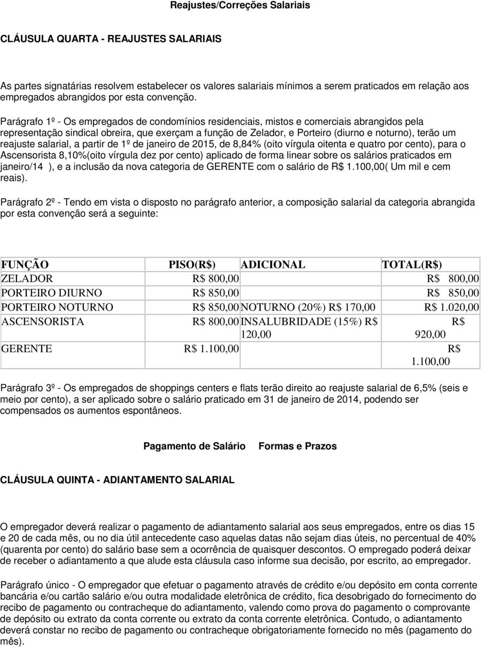 Parágrafo 1º - Os empregados de condomínios residenciais, mistos e comerciais abrangidos pela representação sindical obreira, que exerçam a função de Zelador, e Porteiro (diurno e noturno), terão um