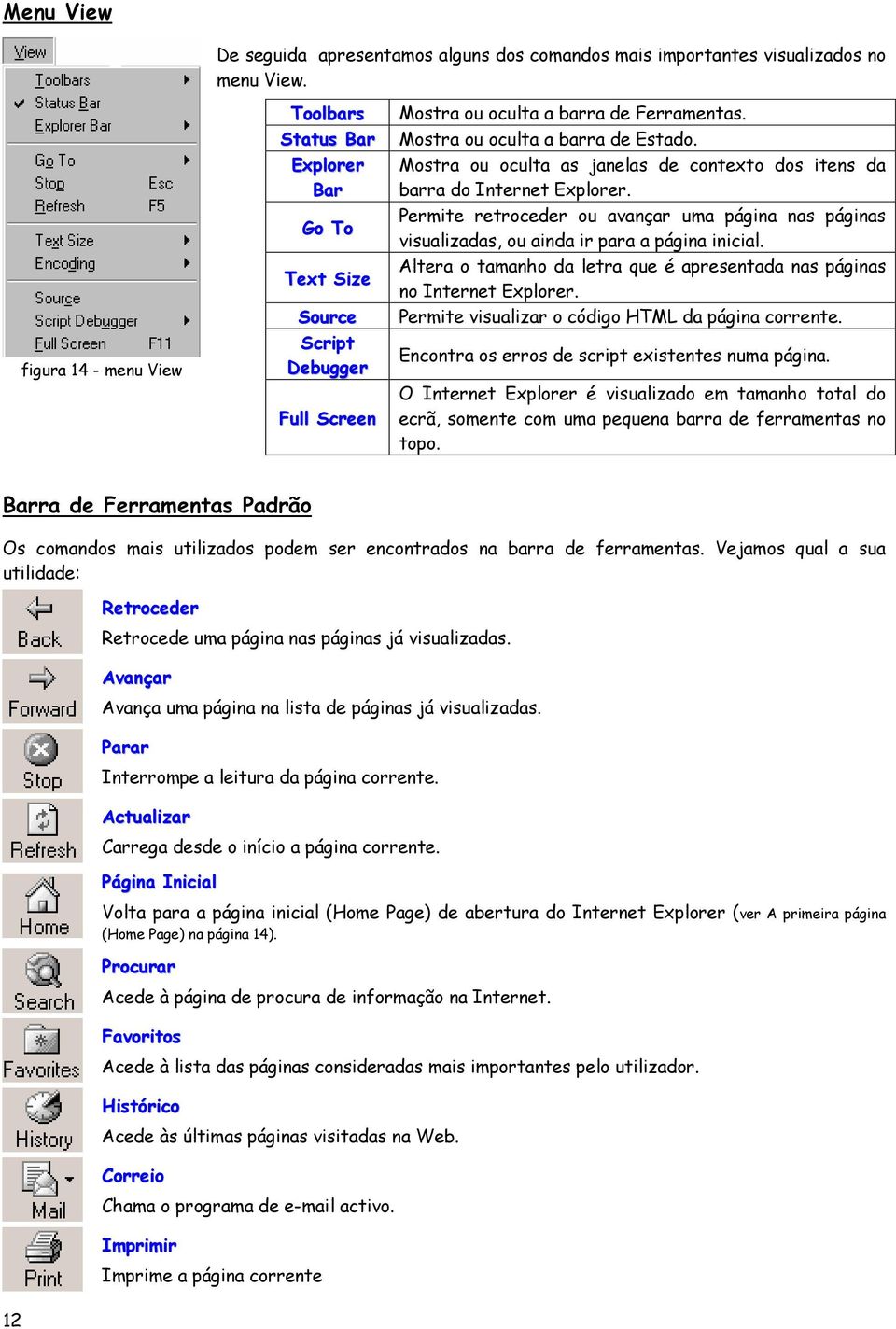 Mostra ou oculta as janelas de contexto dos itens da barra do Internet Explorer. Permite retroceder ou avançar uma página nas páginas visualizadas, ou ainda ir para a página inicial.