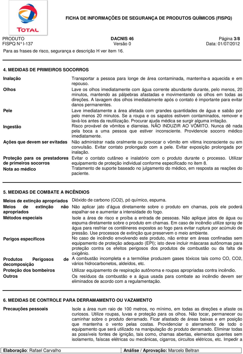 A lavagem dos olhos imediatamente após o contato é importante para evitar danos permanentes. Pele Lave imediatamente a área afetada com grandes quantidades de água e sabão por pelo menos 20 minutos.