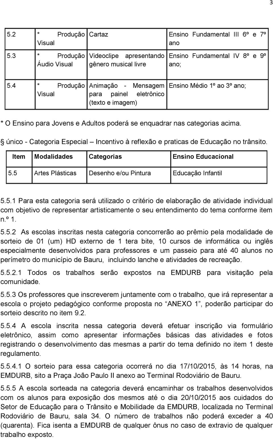 único - Categoria Especial Incentivo à reflexão e praticas de Educação no trânsito. Item Modalidades Categorias Ensino Educacional 5.