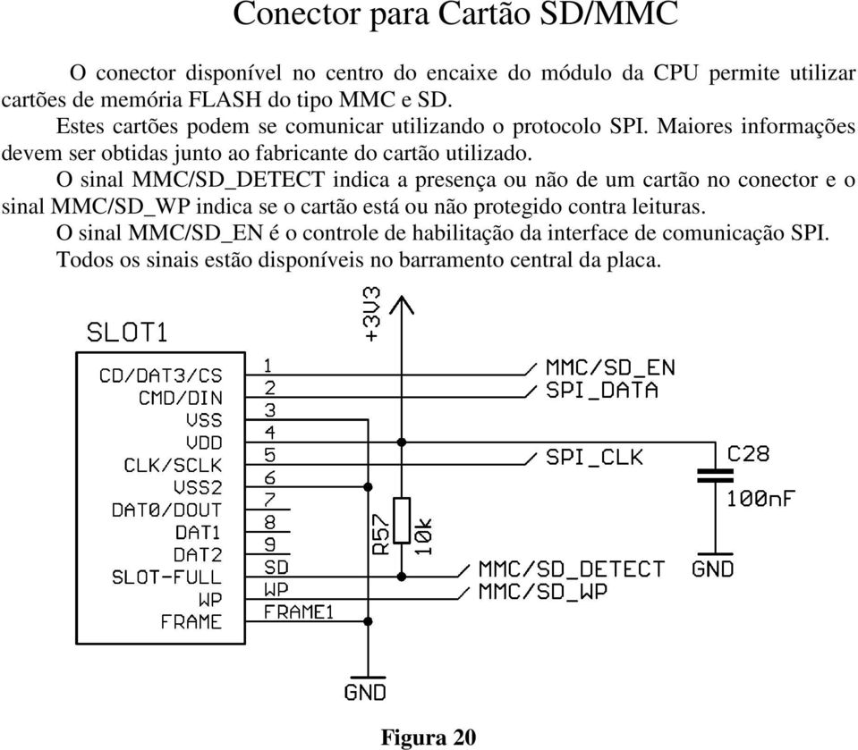 O sinal MMC/SD_DETECT indica a presença ou não de um cartão no conector e o sinal MMC/SD_WP indica se o cartão está ou não protegido contra