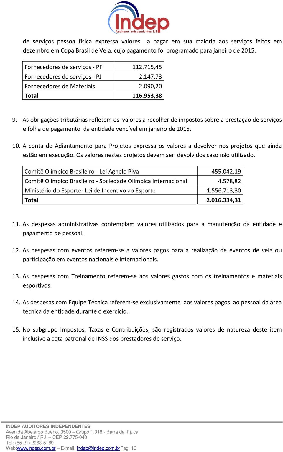 As obrigações tributárias refletem os valores a recolher de impostos sobre a prestação de serviços e folha de pagamento da entidade vencível em janeiro de 2015. 10.