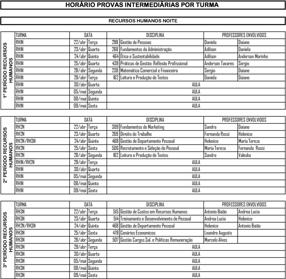 28/abr Segunda 238 Matemática Comercial e Financeira Sergio Daiane 162 Leitura e Produção de Textos Daniela Daiane RH2N 309 Fundamentos de Marketing Sandra Daiane RH2N 23/abr Quarta 269 Direito do