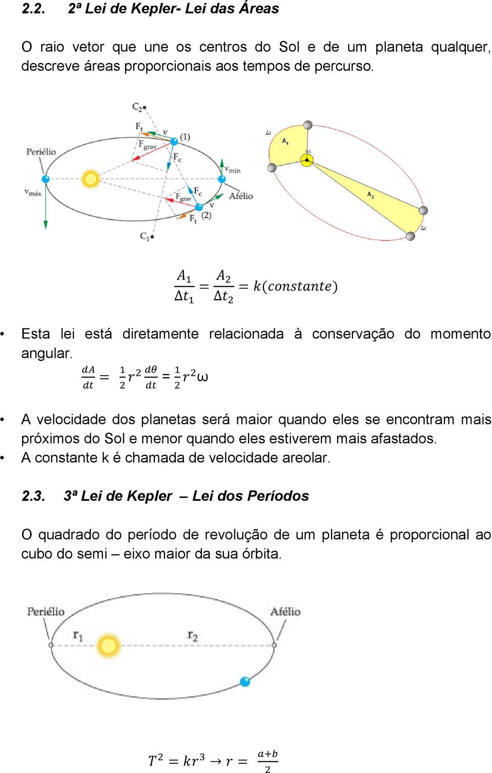 = ω A velocidade dos planetas será maior quando eles se encontram mais próximos do Sol e menor quando eles estiverem mais afastados.