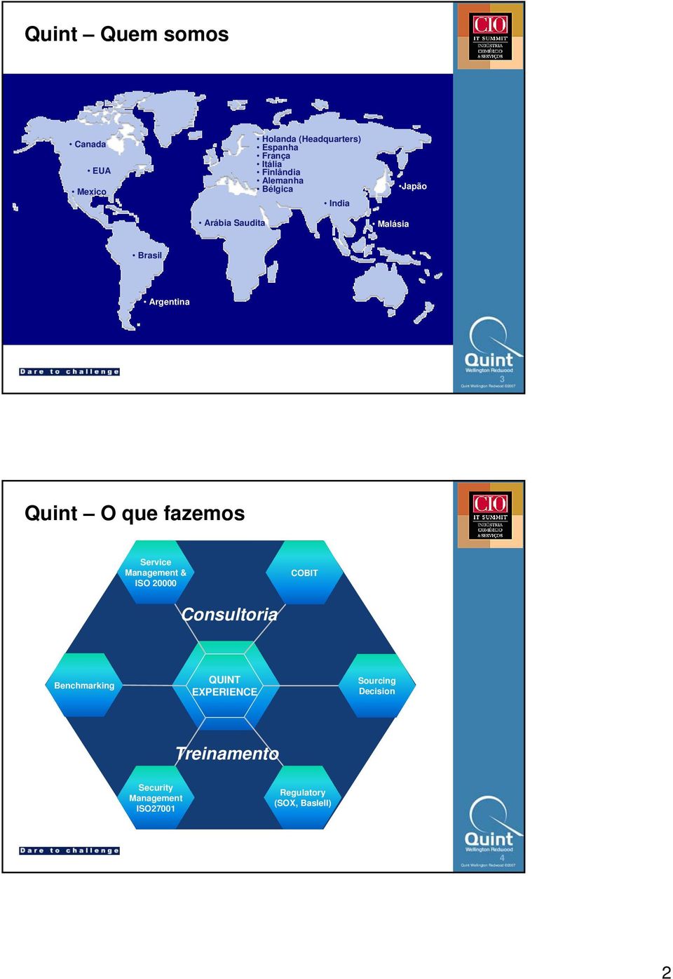 O que fazemos Service Management & ISO 20000 COBIT Consultoria Benchmarking QUINT