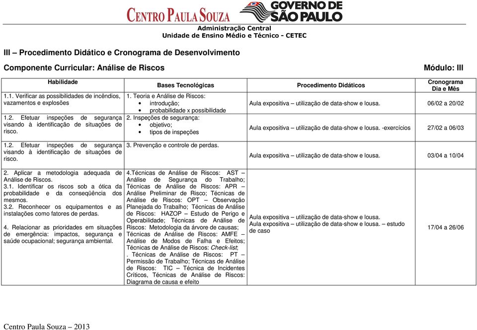 Teoria e Análise de Riscos: introdução; probabilidade x possibilidade 2. Inspeções de segurança: objetivo; tipos de inspeções 3. Prevenção e controle de perdas.