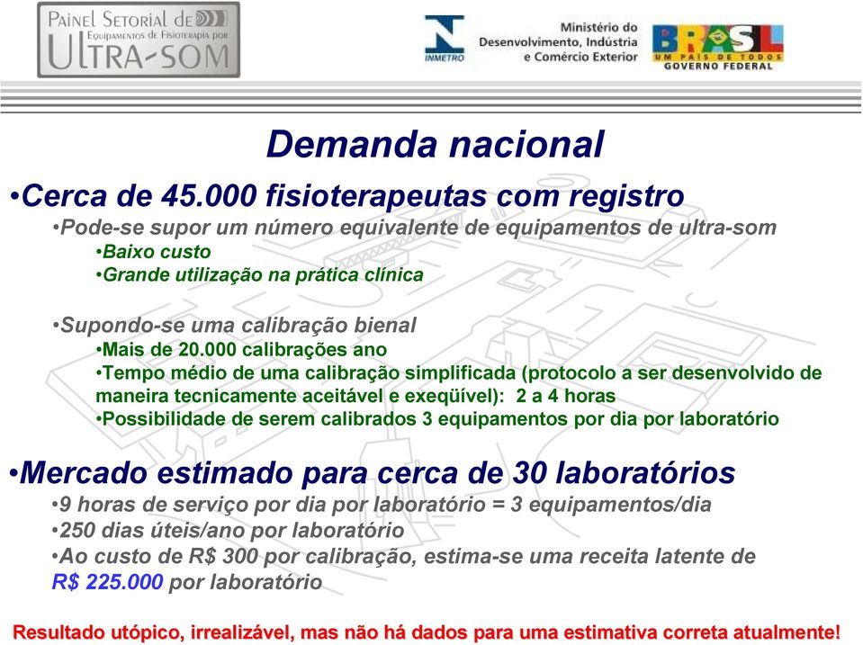 000 calibrações ano Tempo médio de uma calibração simplificada (protocolo a ser desenvolvido de maneira tecnicamente aceitável e exeqüível): 2 a 4 horas Possibilidade de serem calibrados 3