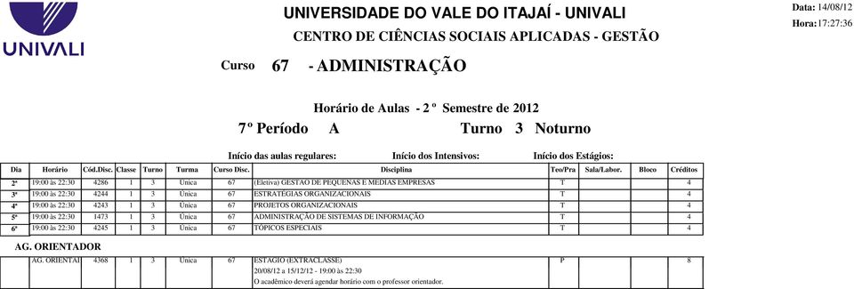 Bloco Créditos 2ª 19:00 às 22:30 286 1 3 Única 67 (Eletiva) GESAO DE PEQUENAS E MEDIAS EMPRESAS 3ª 19:00 às 22:30 2 1 3 Única 67 ESRAÉGIAS ORGANIZACIONAIS ª 19:00 às 22:30 23 1 3