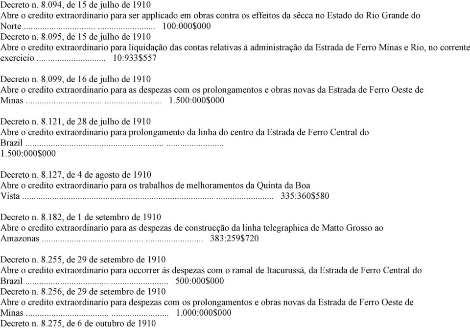 8.121, de 28 de julho de 1910 Abre o credito extraordinario para prolongamento da linha do centro da Estrada de Ferro Central do Brazil...... 1.500:000$000 Decreto n. 8.