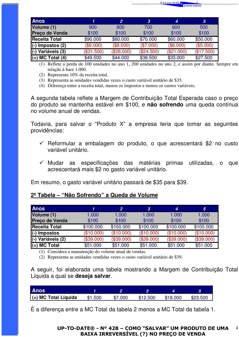 500 (1) Reflete a perda de 100 unidades no ano 1, 200 unidades no ano 2, e assim por diante. Sempre em relação à base 1.000. (2) Representa 10% da receita total.