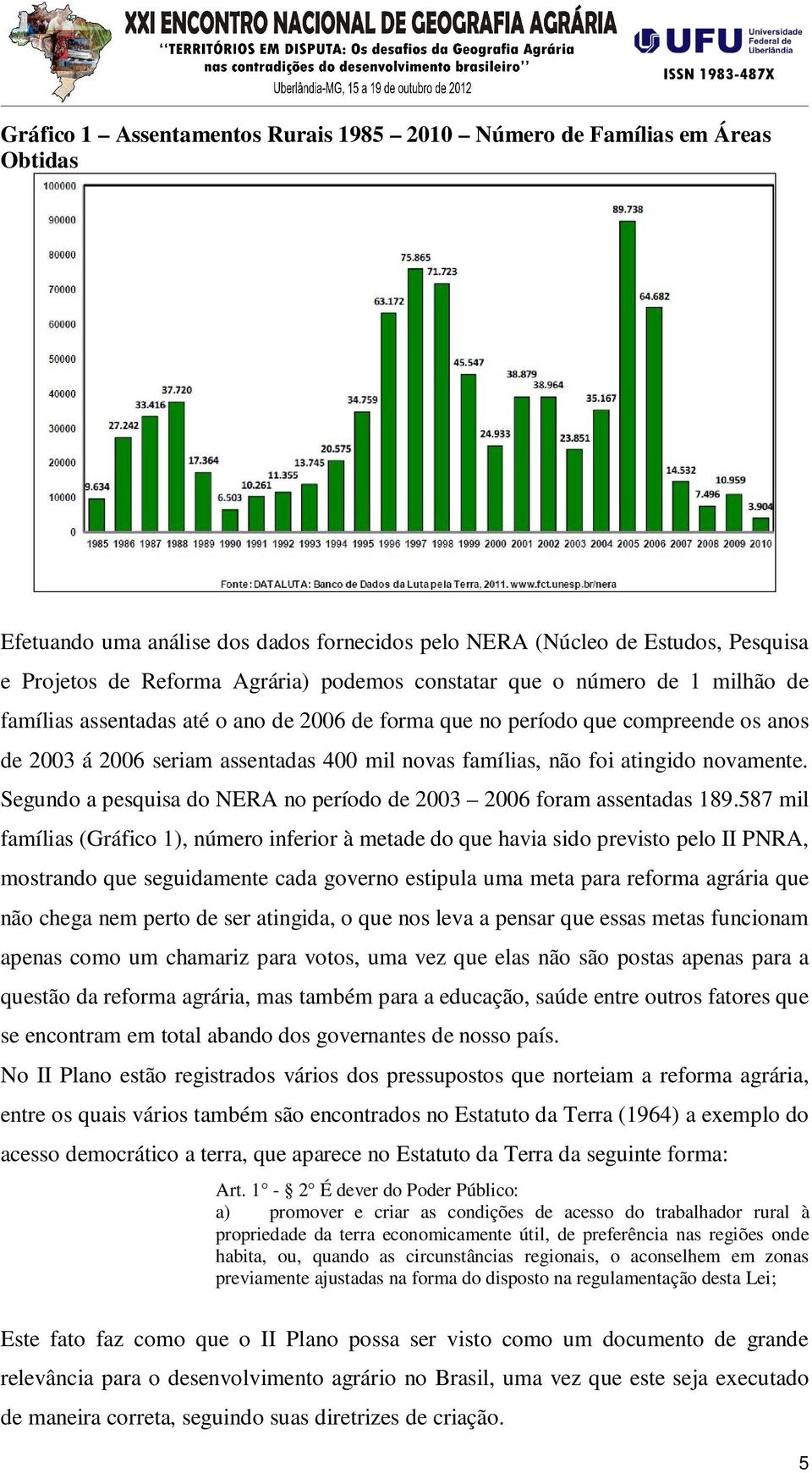 novamente. Segundo a pesquisa do NERA no período de 2003 2006 foram assentadas 189.