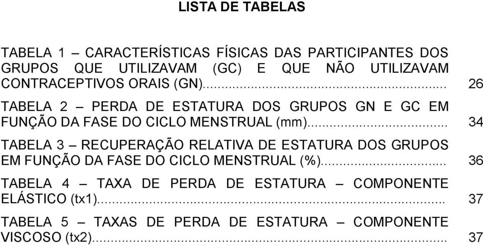 .. 34 TABELA 3 RECUPERAÇÃO RELATIVA DE ESTATURA DOS GRUPOS EM FUNÇÃO DA FASE DO CICLO MENSTRUAL (%).