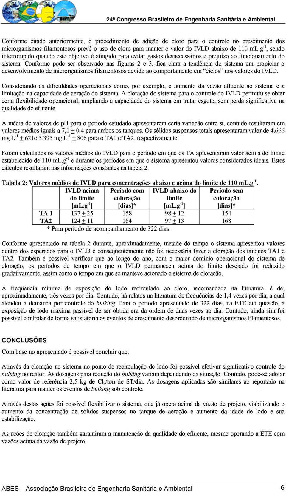 Conforme pode ser observado nas figuras 2 e 3, fica clara a tendência do sistema em propiciar o desenvolvimento de microrganismos filamentosos devido ao comportamento em ciclos nos valores do IVLD.