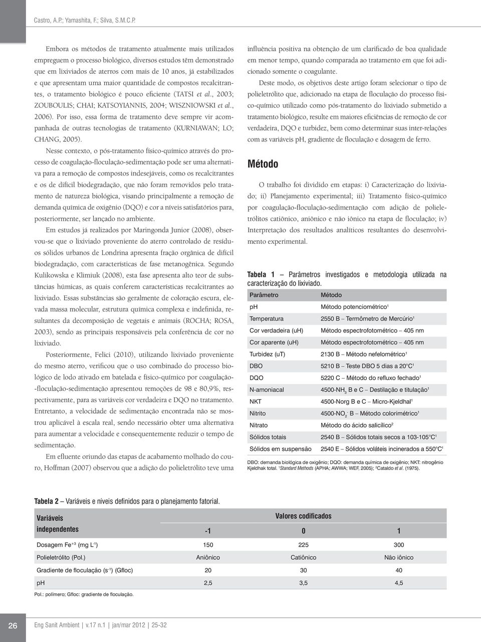 Embora os métodos de tratamento atualmente mais utilizados empreguem o processo biológico, diversos estudos têm demonstrado que em lixiviados de aterros com mais de 10 anos, já estabilizados e que