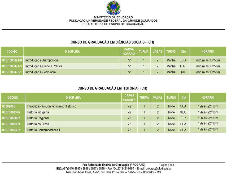 000875-1 Introdução à Sociologia 72 1 2 Manhã QUI 7h20m às 10h55m CURSO DE GRADUAÇÃO EM HISTÓRIA (FCH) 03009065 Introdução ao Conhecimento Histórico 72 1 2 Noite QUA 19h às