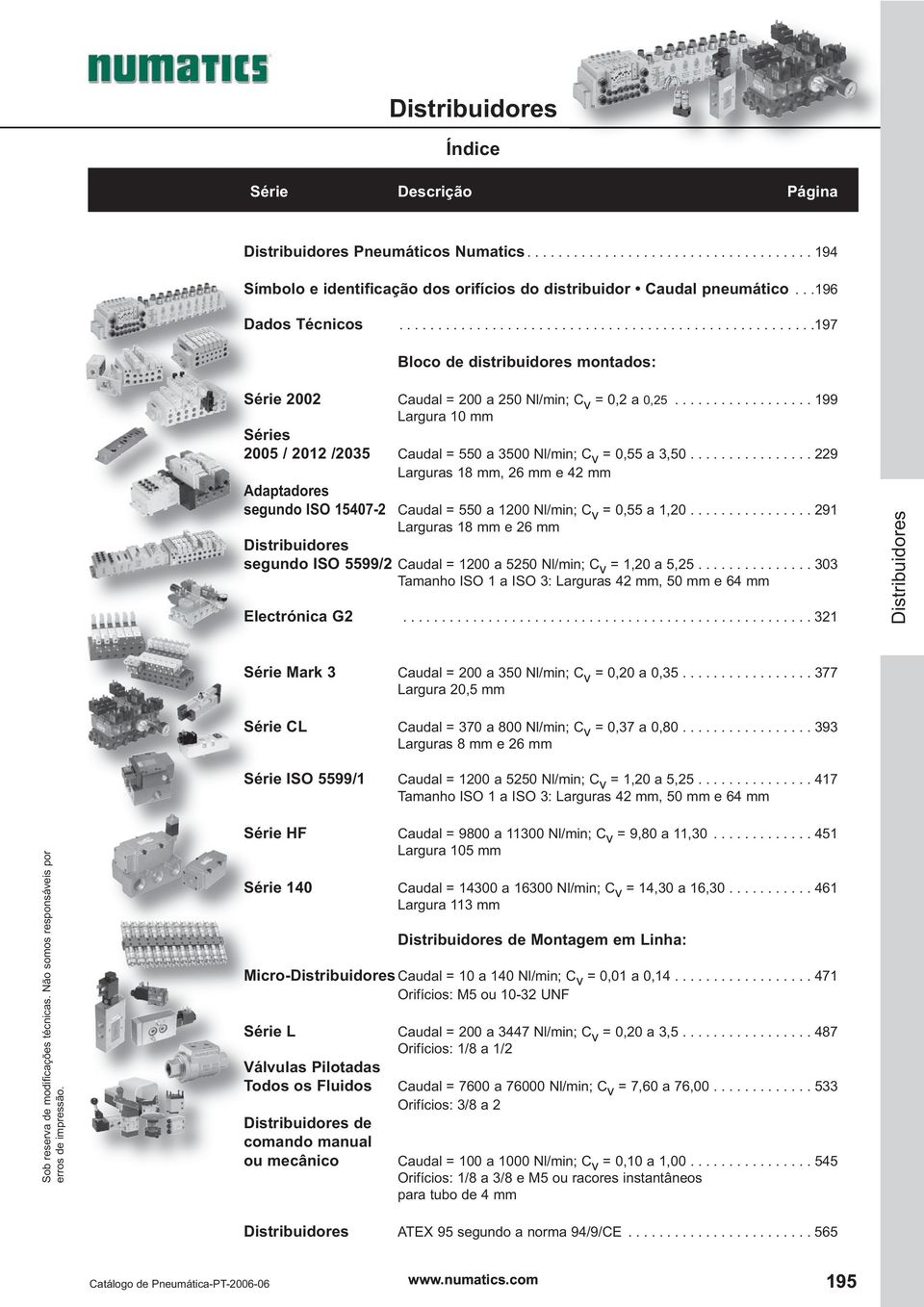 ................. 199 Largura 10 mm Séries 2005 / 2012 /2035 Caudal = 550 a 3500 Nl/min; C v = 0,55 a 3,50.