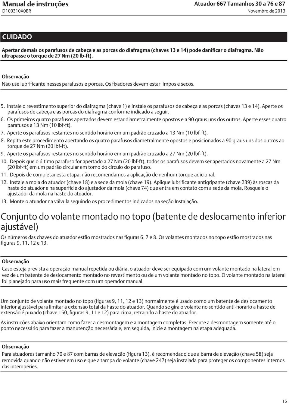 Instale o revestimento superior do diafragma (chave 1) e instale os parafusos de cabeça e as porcas (chaves 13 e 14). Aperte os parafusos de cabeça e as porcas do diafragma conforme indicado a seguir.