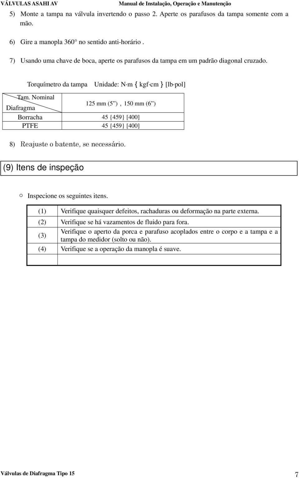 Nominal Diafragma Borracha PTFE 125 mm (5 ),150 mm (6 ) 45 {459} [400] 45 {459} [400] 8) Reajuste o batente, se necessário. (9) Itens de inspeção Inspecione os seguintes itens.