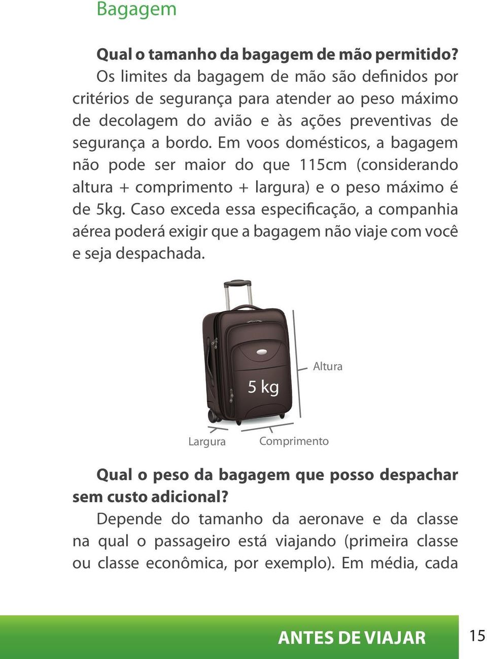 Em voos domésticos, a bagagem não pode ser maior do que 115cm (considerando altura + comprimento + largura) e o peso máximo é de 5kg.