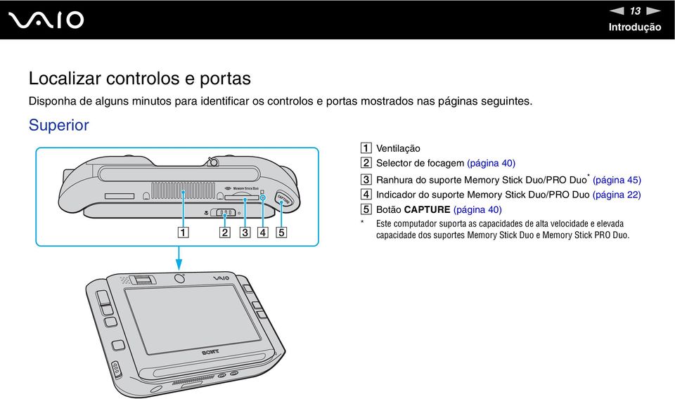 Superior A Ventilação B Selector de focagem (página 40) C Ranhura do suporte Memory Stick Duo/PRO Duo * (página 45) D