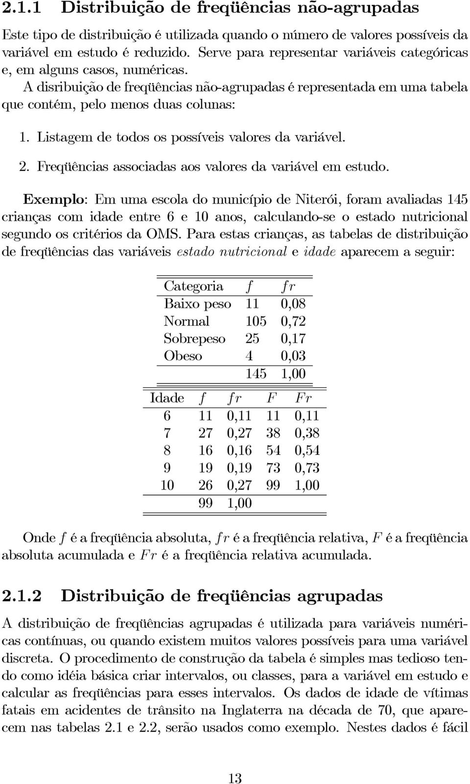 Listagem de todos os possíveis valores da variável. 2. Freqüências associadas aos valores da variável em estudo.