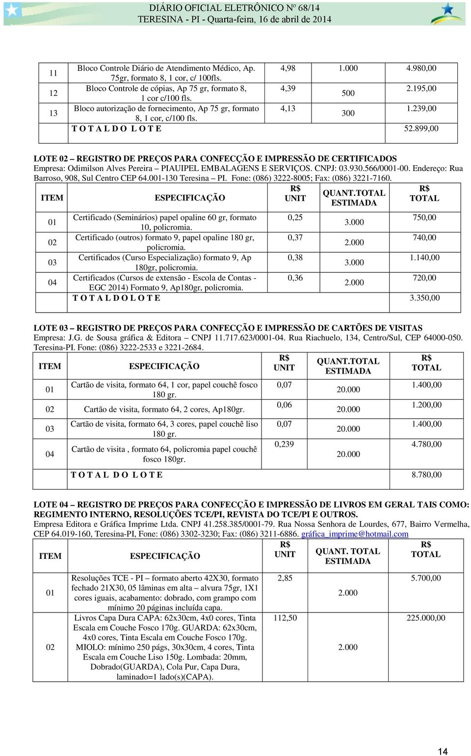 899,00 LOTE 02 REGISTRO DE PREÇOS PARA CONFECÇÃO E IMPRESSÃO DE CERTIFICADOS Empresa: Odimilson Alves Pereira PIAUIPEL EMBALAGENS E SERVIÇOS. CNPJ: 03.930.566/0001-00.