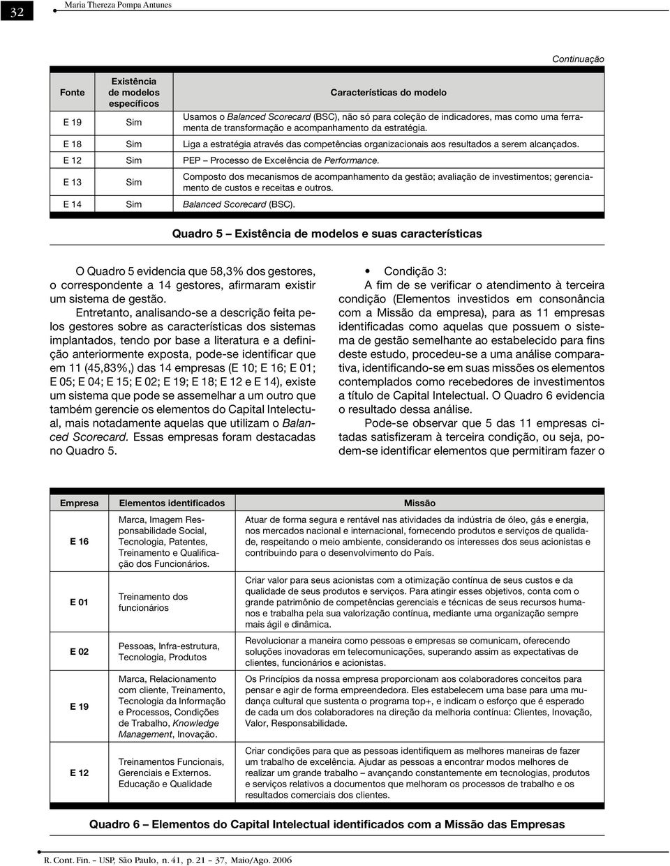 E 12 Sim PEP Processo de Excelência de Performance. E 13 Sim Composto dos mecanismos de acompanhamento da gestão; avaliação de investimentos; gerenciamento de custos e receitas e outros.