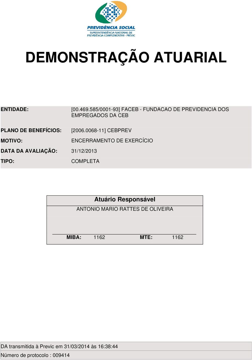 BENEFÍCIOS: MOTIVO: DATA DA AVALIAÇÃO: [2006.