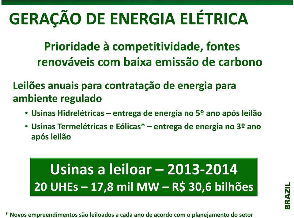 leilão Usinas Termelétricas e Eólicas* entrega de energia no 3º ano após leilão Ui Usinas a leiloar 2013 20142014