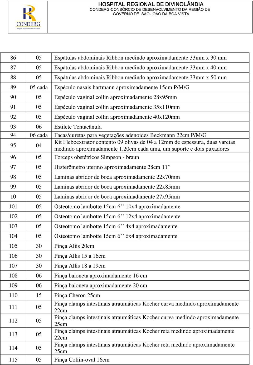 vaginal collin aproximadamente 40x120mm 93 06 Estilete Tentacânula 94 06 cada Facas/curetas para vegetações adenoides Beckmann 22cm P/M/G 95 04 Kit Fleboextrator contento 09 olivas de 04 a 12mm de