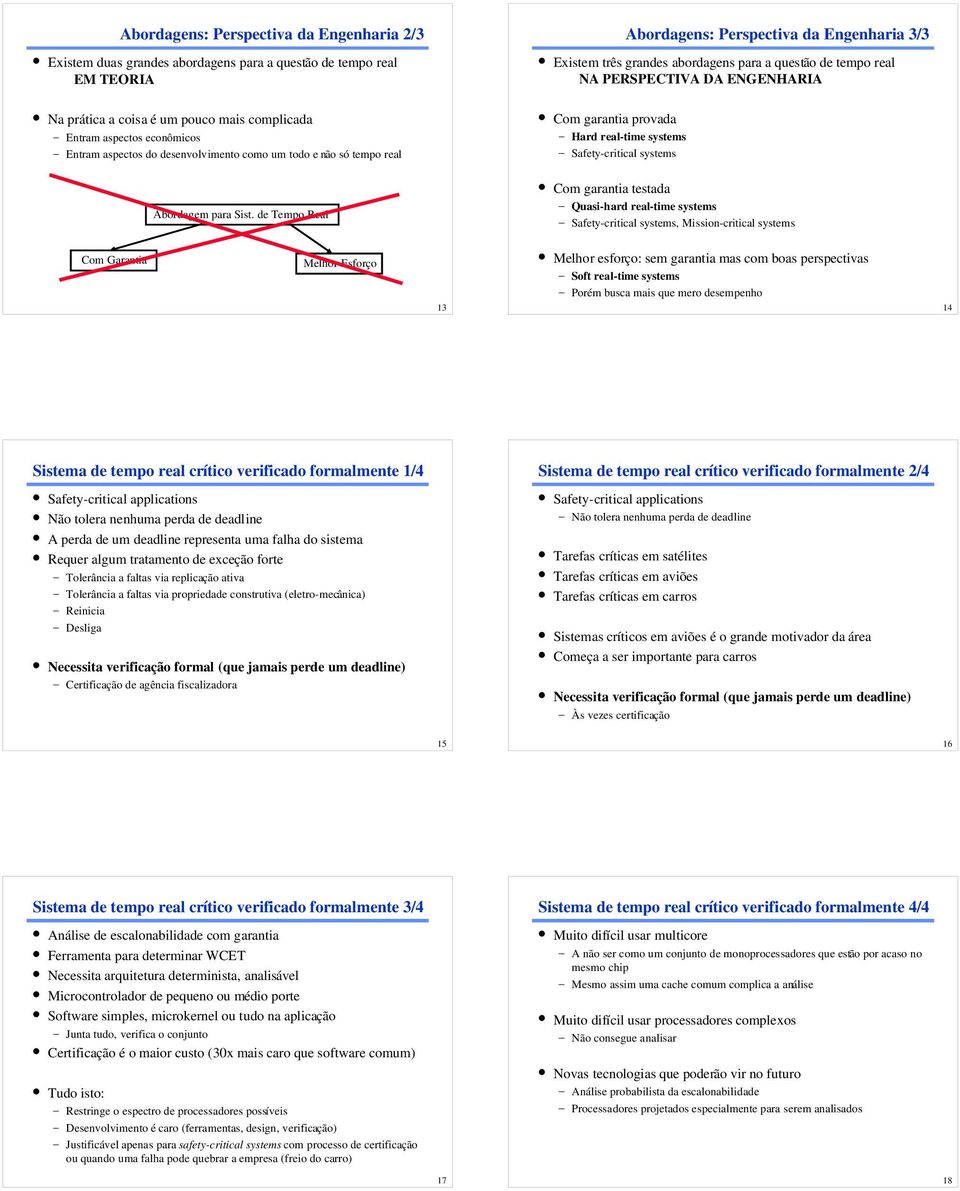 Com garantia testada Quasi-hard real-time systems Safety-critical systems, Mission-critical systems 13 Melhor esforço: sem garantia mas com boas perspectivas Soft real-time systems Porém busca mais