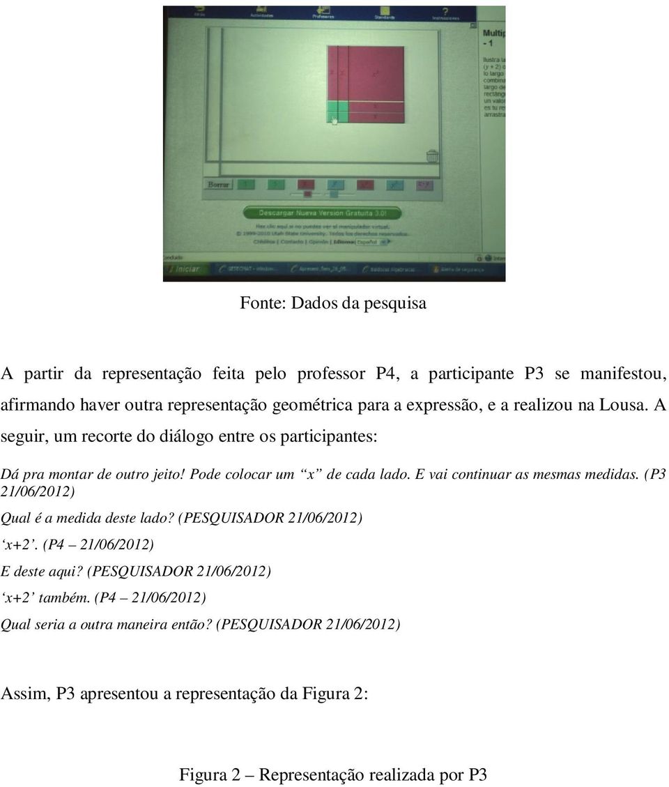 E vai continuar as mesmas medidas. (P3 21/06/2012) Qual é a medida deste lado? (PESQUISADOR 21/06/2012) x+2. (P4 21/06/2012) E deste aqui?