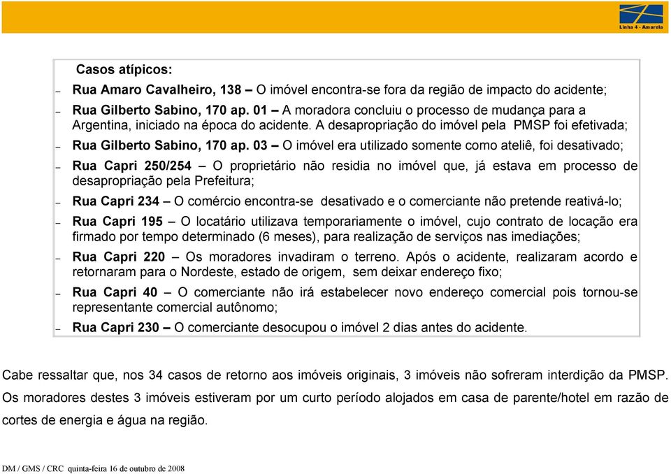 03 O imóvel era utilizado somente como ateliê, foi desativado; Rua Capri 250/254 O proprietário não residia no imóvel que, já estava em processo de desapropriação pela Prefeitura; Rua Capri 234 O