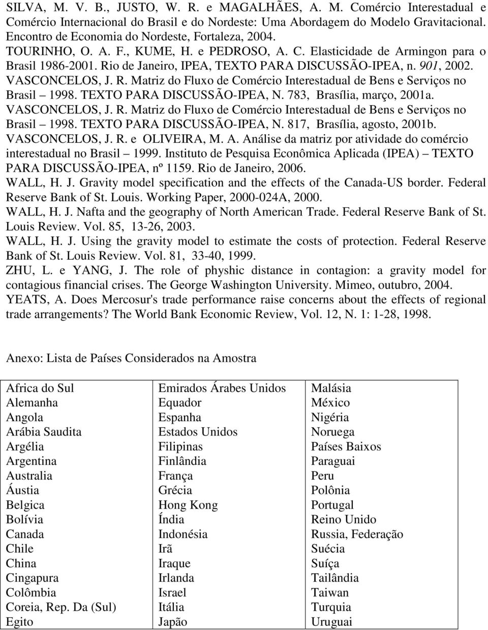 901, 2002. VASCONCELOS, J. R. Matriz do Fluxo de Comércio Interestadual de Bens e Serviços no Brasil 1998. TEXTO PARA DISCUSSÃO-IPEA, N. 783, Brasília, março, 2001a. VASCONCELOS, J. R. Matriz do Fluxo de Comércio Interestadual de Bens e Serviços no Brasil 1998. TEXTO PARA DISCUSSÃO-IPEA, N. 817, Brasília, agosto, 2001b.